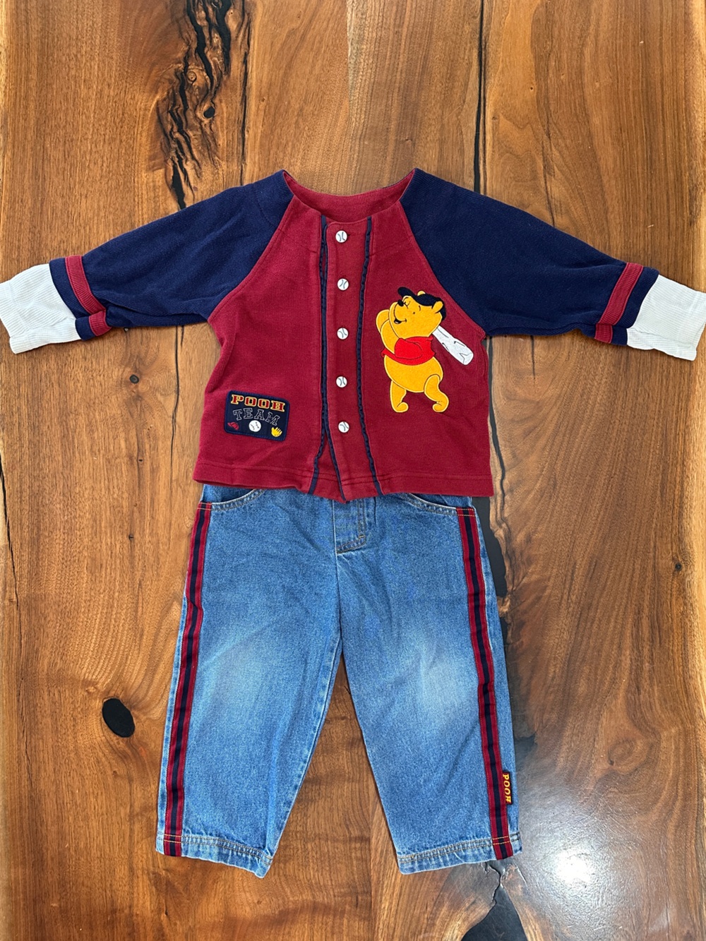 Vintage 90s Disney Winnie The Pooh Team Baseball Cardigan Jeans Set 3T